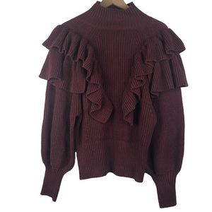 NWOT PROLOGUE Burgundy Chunky Knit Ruffled Long Sleeve Sweater Size M